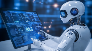A robot working on a large touchscreen interface, illustrating the integration of AI in modern technology and user interaction.