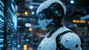 A robot facing a digital interface with the text 'AI', symbolizing the relationship between AI and digital technologies