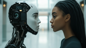 A humanoid robot and a woman facing each other closely, symbolizing the interaction between humans and AI."