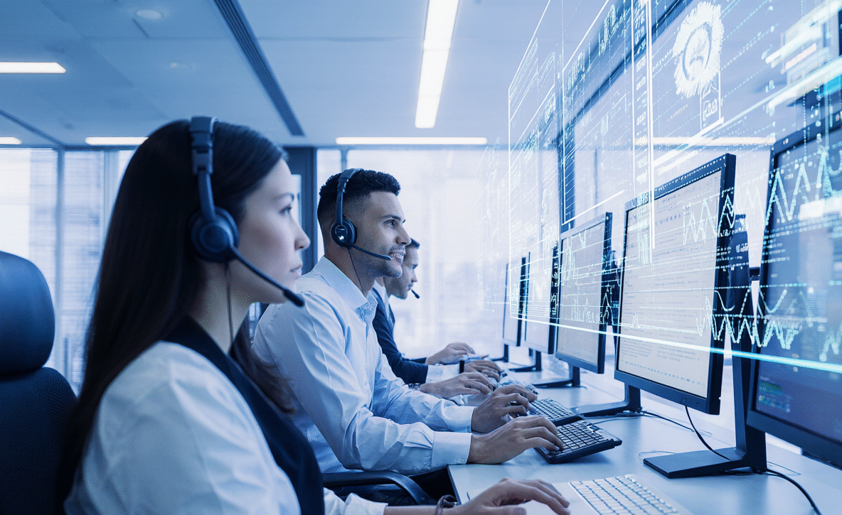 Agents de support technique dans un centre d'appels moderne, portant des casques et travaillant sur des ordinateurs dans un bureau high-tech.