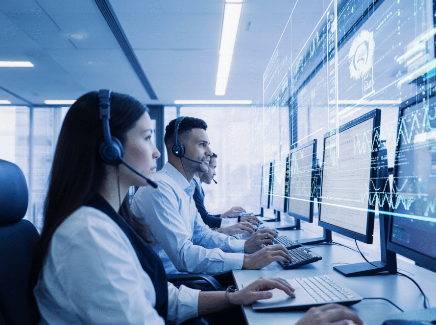 Agents de support technique dans un centre d'appels moderne, portant des casques et travaillant sur des ordinateurs dans un bureau high-tech.