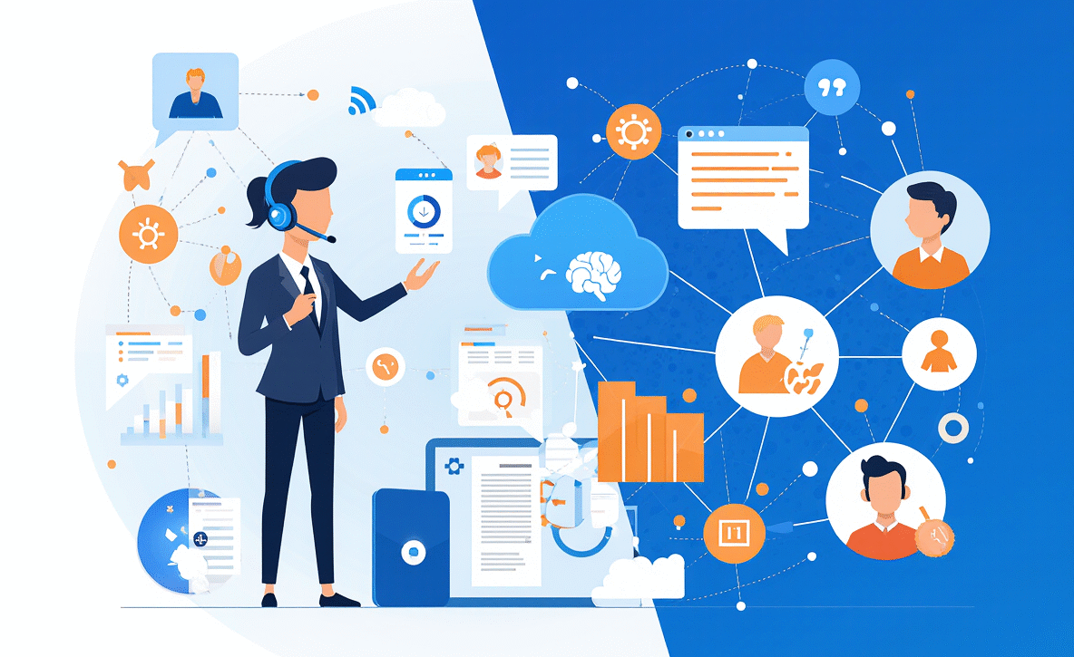 Illustration professionnelle de la prospection téléphonique automatisée par intelligence artificielle, avec un agent virtuel et des données connectées.