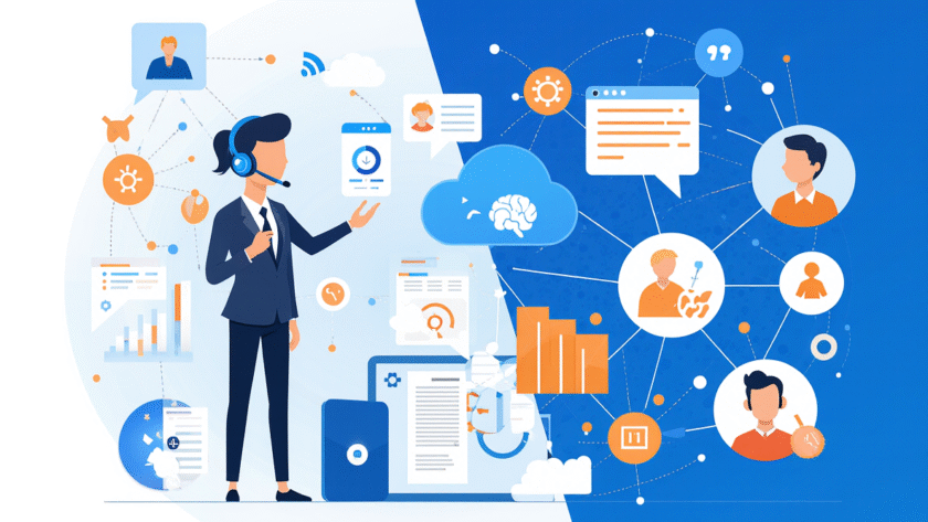 Illustration professionnelle de la prospection téléphonique automatisée par intelligence artificielle, avec un agent virtuel et des données connectées.