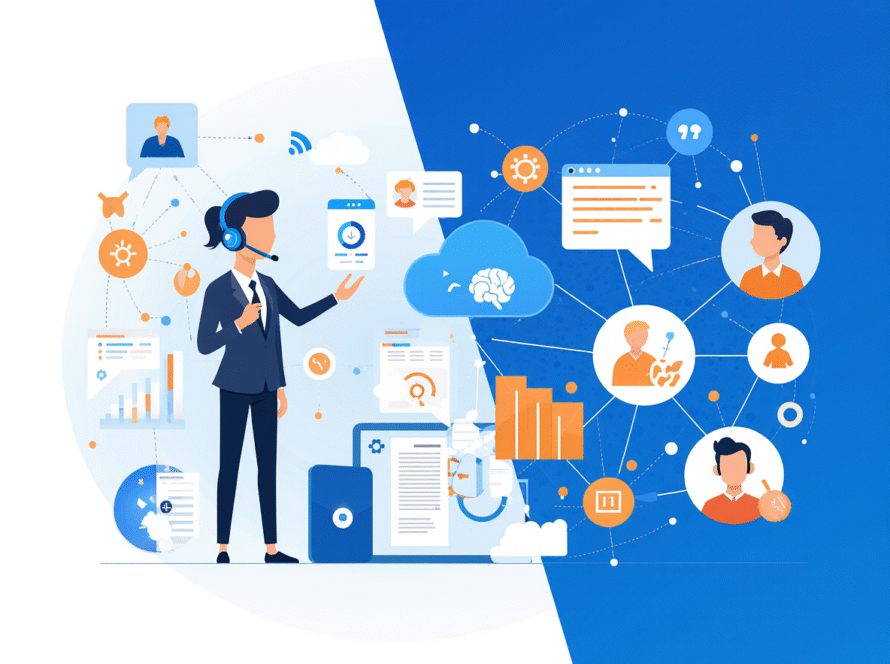 Illustration professionnelle de la prospection téléphonique automatisée par intelligence artificielle, avec un agent virtuel et des données connectées.