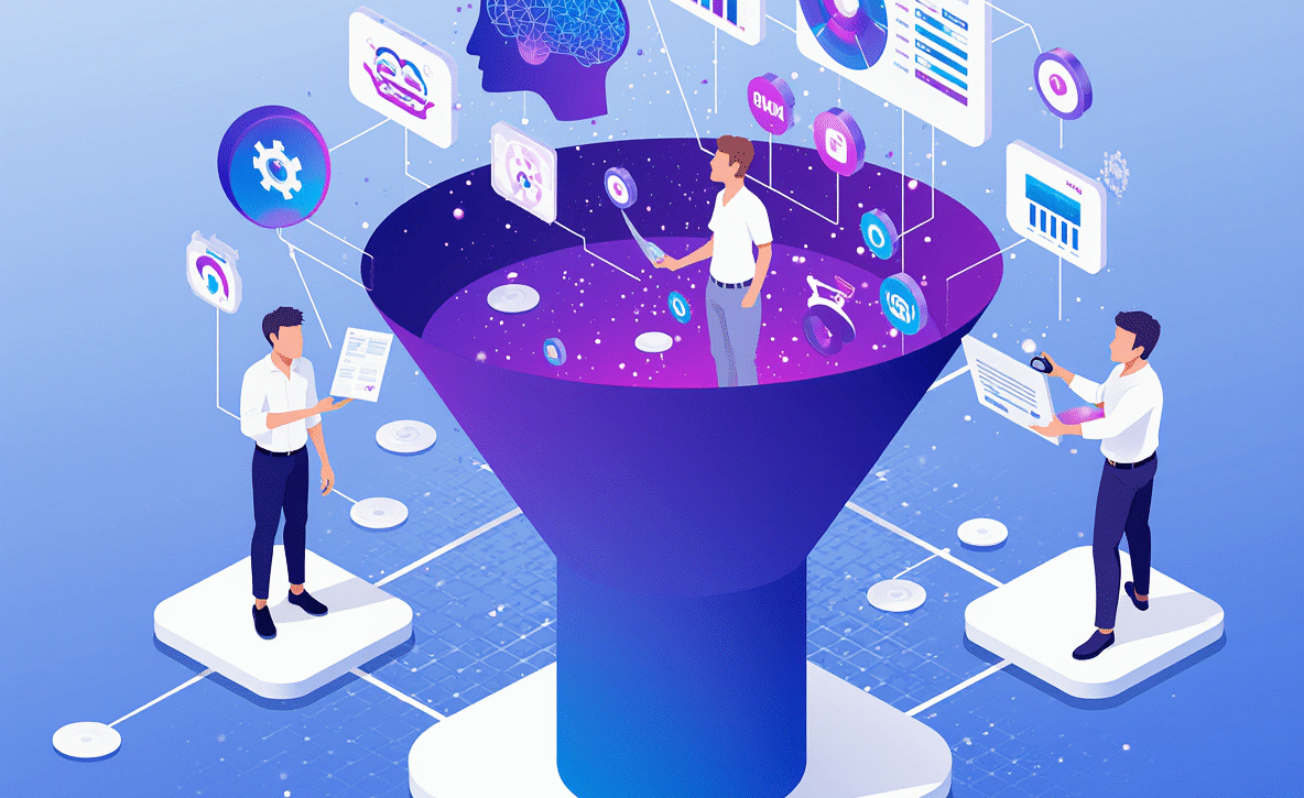 Tunnel de vente IA avec professionnels analysant données marketing, cerveau intelligence artificielle et tableaux de bord conversion