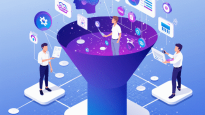 Tunnel de vente IA avec professionnels analysant données marketing, cerveau intelligence artificielle et tableaux de bord conversion