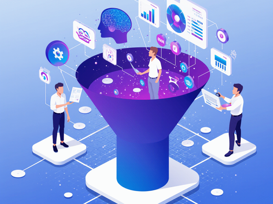 Tunnel de vente IA avec professionnels analysant données marketing, cerveau intelligence artificielle et tableaux de bord conversion