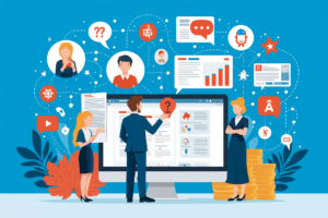 Illustration de la génération de leads IA pour les PME avec interactions clients multicanales et tableaux de performance.